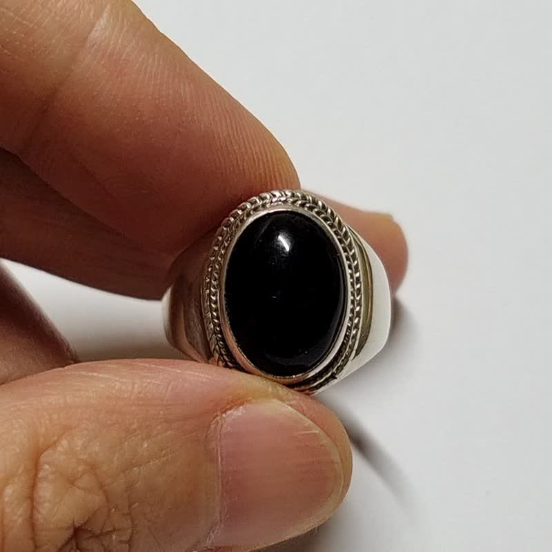 天然 黑玛瑙 925纯银 戒指 尼泊尔 手工制 - 戒指 - 玉石 黑色