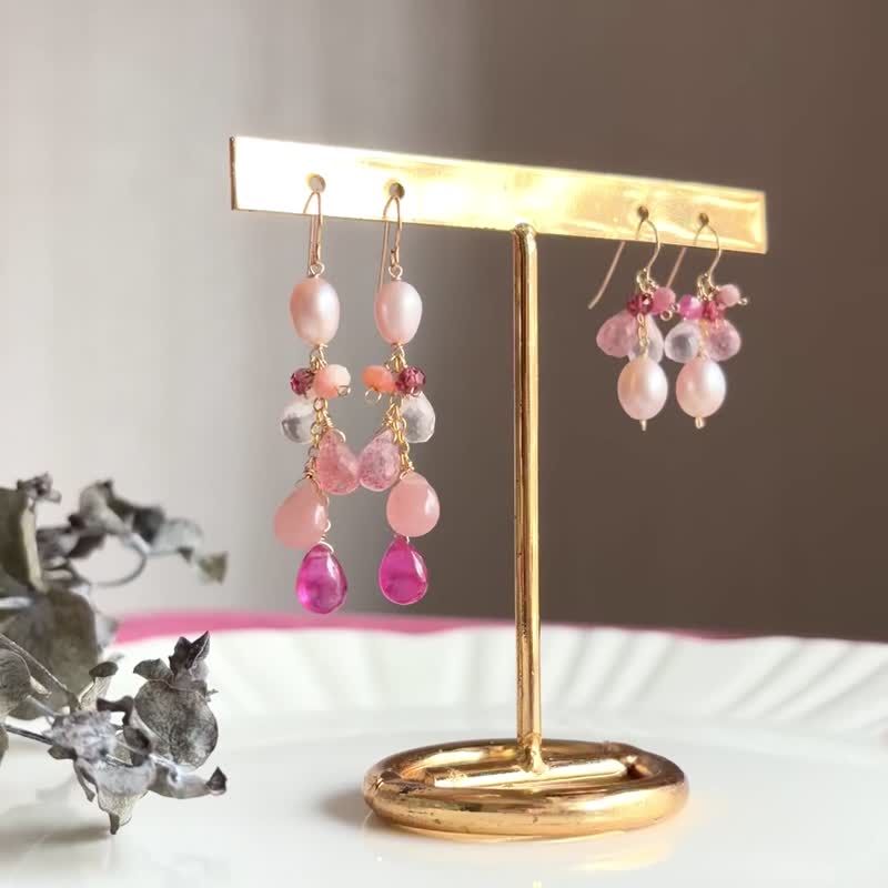 14KGF 粉红色宝石 长耳环 / 情人节 / 粉红蓝宝石 草莓晶 / 耳夹 - 耳环/耳夹 - 宝石 粉红色