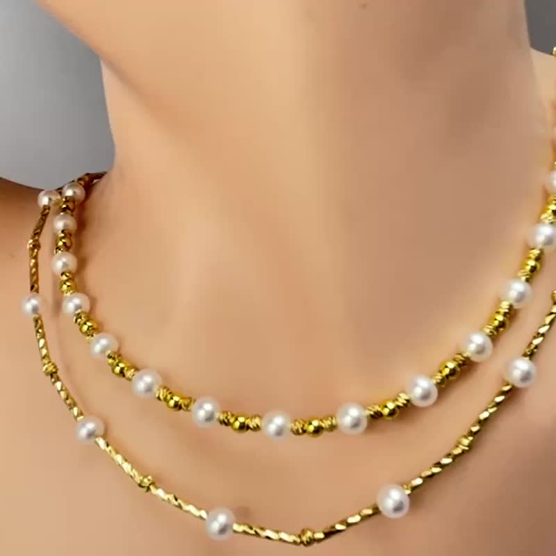 金色波澜 天然淡水珍珠 桃心 华丽 磁吸扣 双圈 项链 - 项链 - 珍珠 白色