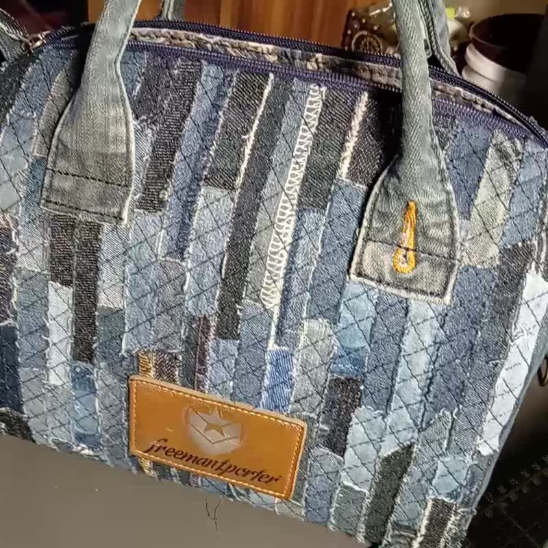 Frayed Mosaic 丹宁侧背包。手工衍缝毛边斜背包 - 侧背包/斜挎包 - 其他材质 蓝色