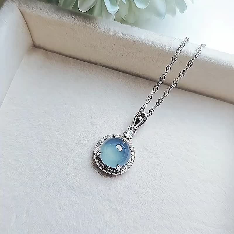 |海蓝之谜|a货翡翠冰玻蓝胶饱满大蛋面9mm纯银镀18k简约吊坠 - 项链 - 玉石 