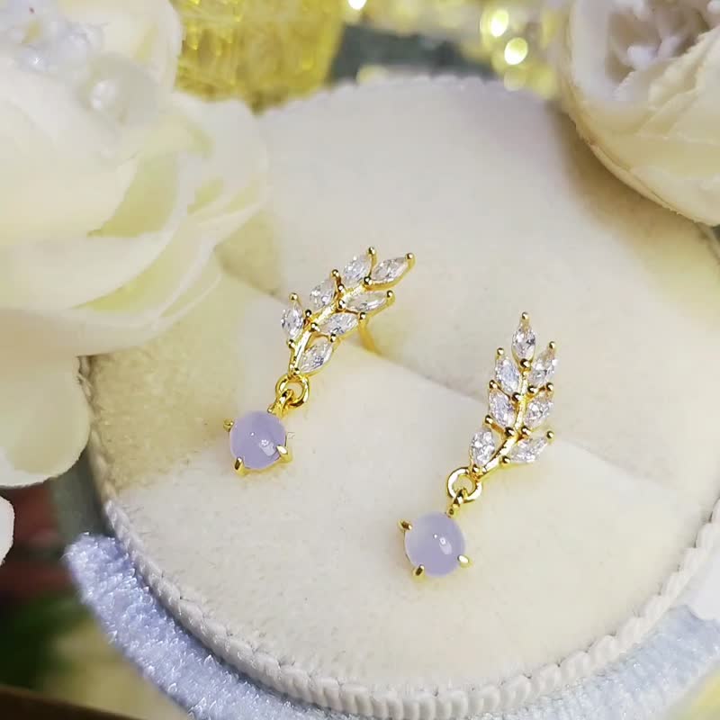 桃花•贵人•招财|梦幻仙女紫|缅甸A货翡翠冰胶紫桂冠叶耳环 - 耳环/耳夹 - 玉石 