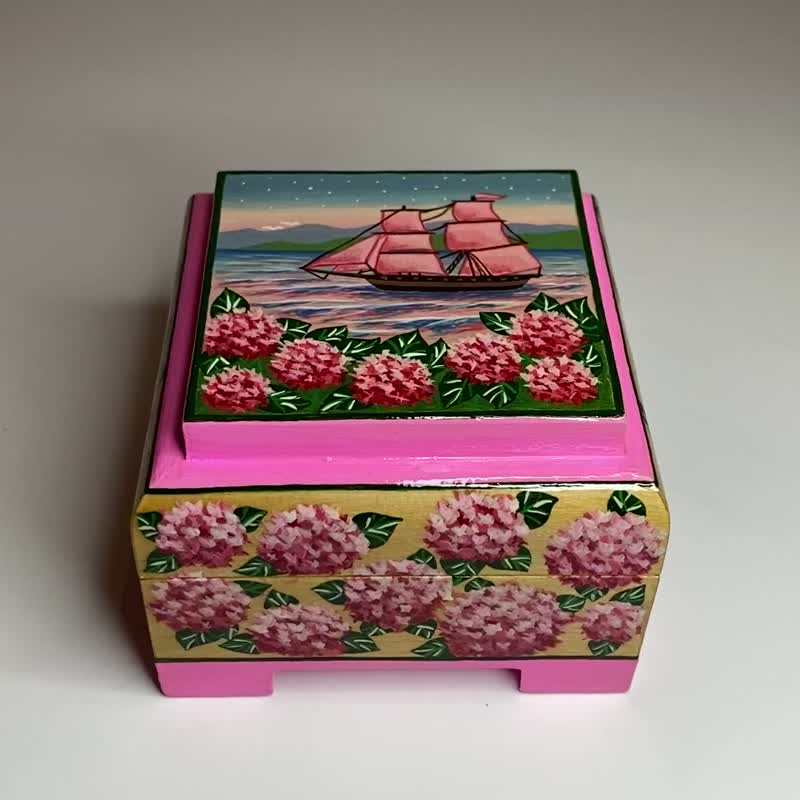箱船绣球花、木制家居装饰、花卉装饰、粉红色、海景 - 摆饰 - 木头 粉红色