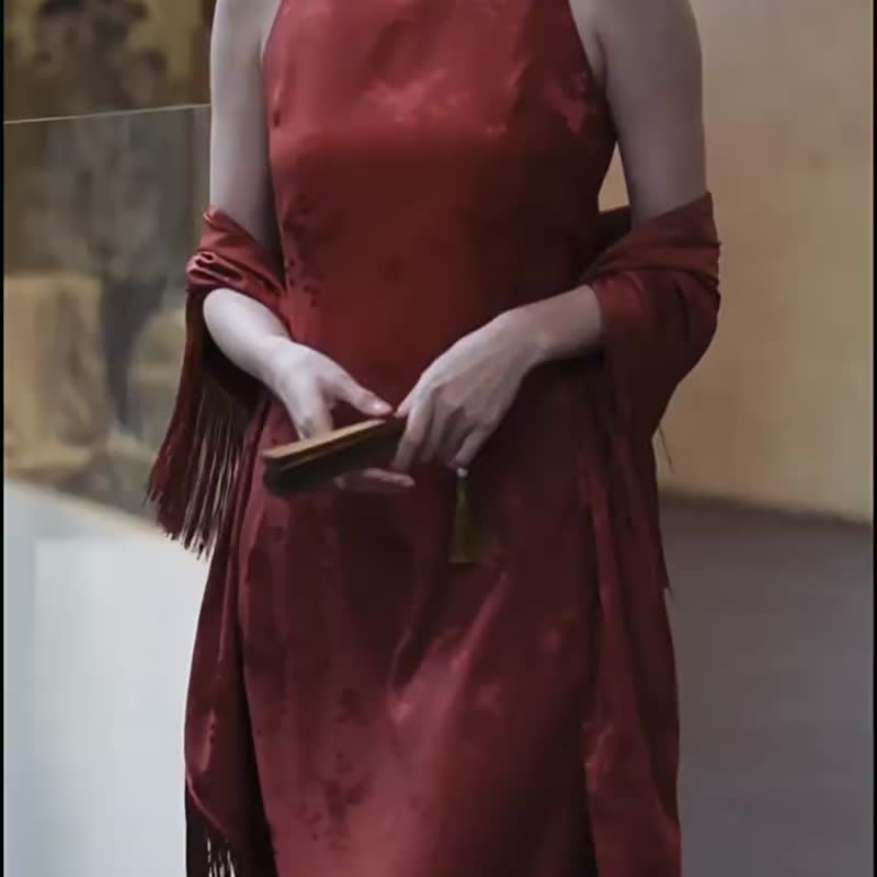 緹香 復古新中式露背提花改良旗袍 復古新娘敬酒服婚禮禮服 - 旗袍 - 聚酯纤维 红色