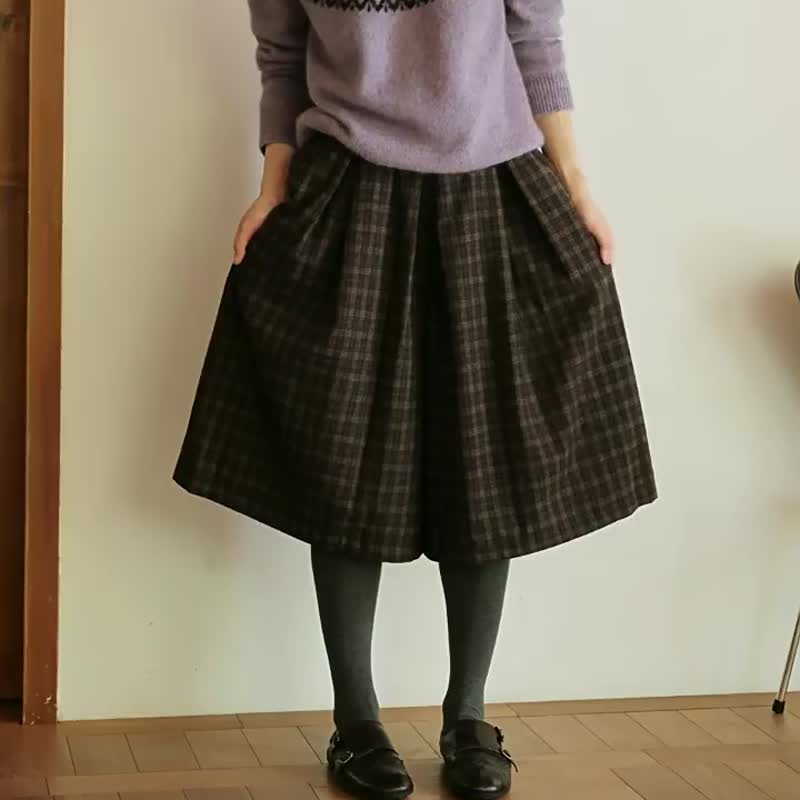 羊毛混纺格纹阔腿中裤 - 女装长裤 - 棉．麻 多色