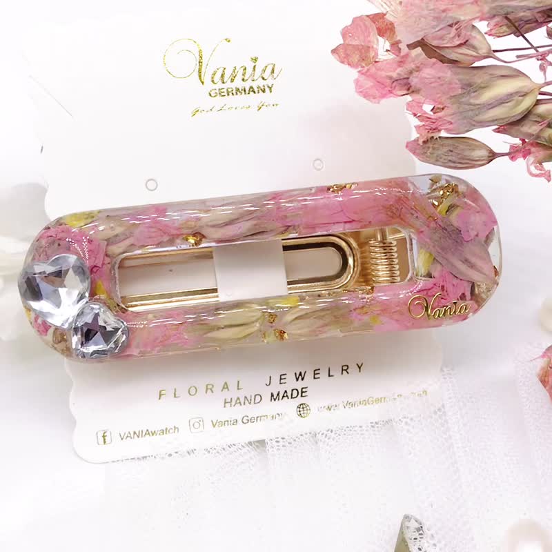 浅粉小花/天然压花/日本物料/晶莹剔透/心形水晶发夹/一件包邮 - 发饰 - 植物．花 粉红色