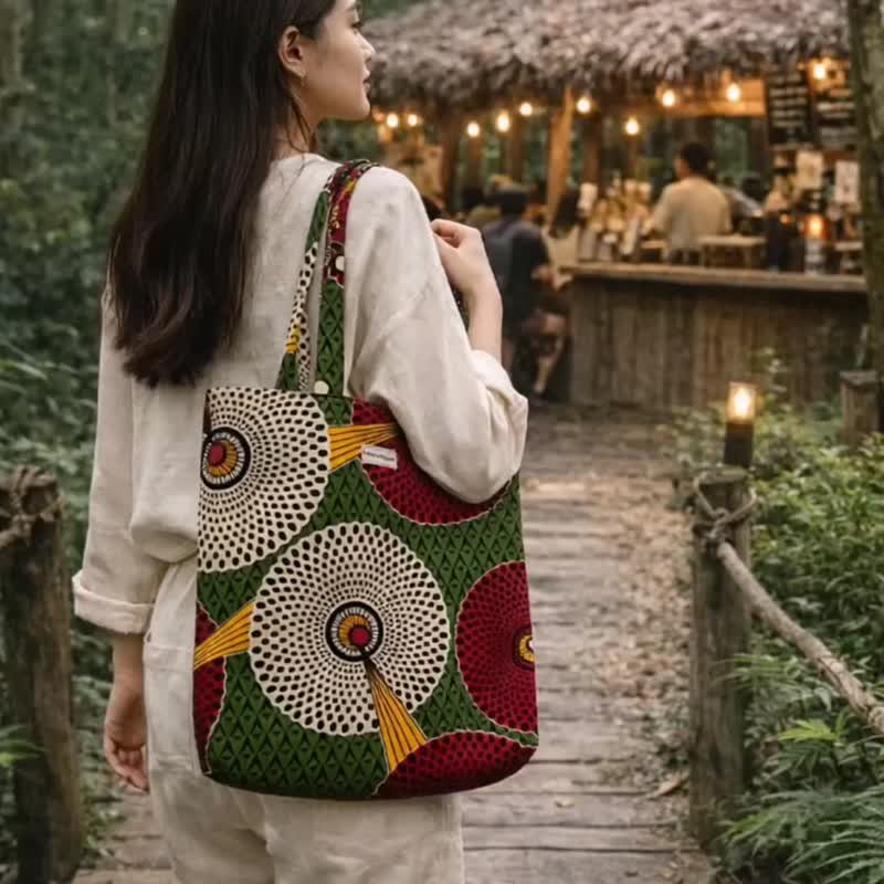 非洲风印花托特包 | 森林绿–勃艮第红 | 手工制作 Nabi House - 手提包/手提袋 - 棉 红色
