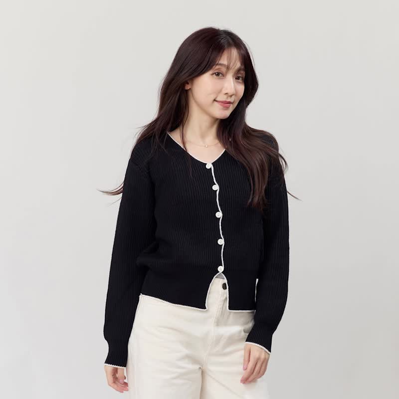 Cathy手勾邊圓領針織開襟衫外套/黑 - 女装针织衫/毛衣 - 棉 黑色