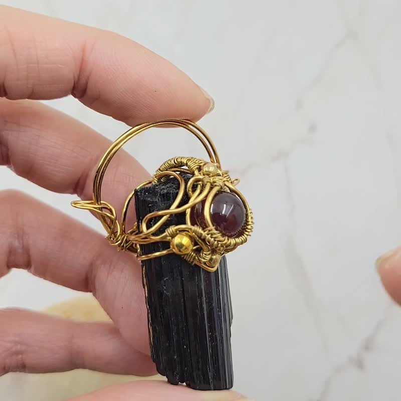 黑碧玺原石柱 红石榴石 手工绕线 长颈链 - 项链 - 水晶 