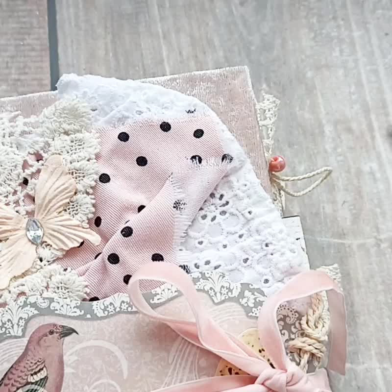 Nature junk journal handmade Bird watcher dairy Botanical notebook lace fabric - 笔记本/手帐 - 纸 粉红色