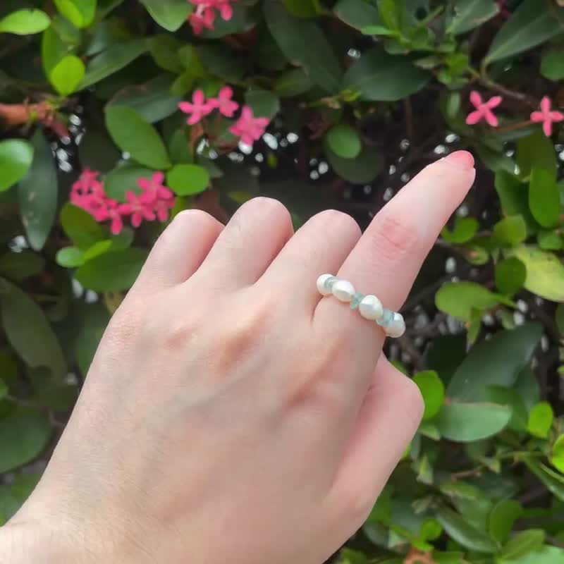 定制化|  湖畔粼粼  | 天然巴洛克珍珠、蓝磷灰 - 戒指 - 水晶 白色