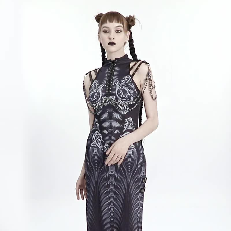 赛博庞克祭司开衩连身裙 - 洋装/连衣裙 - 其他材质 黑色