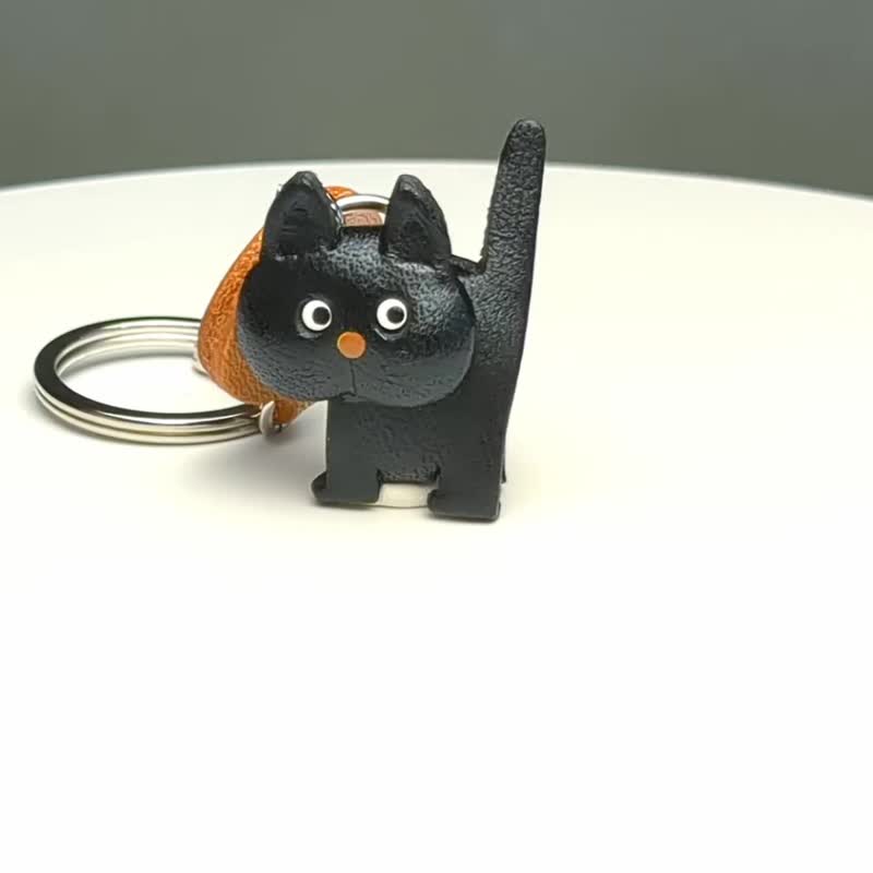 黑猫 散步 猫咪 真皮钥匙圈 日本制 VANCA CRAFT - 钥匙链/钥匙包 - 真皮 黑色