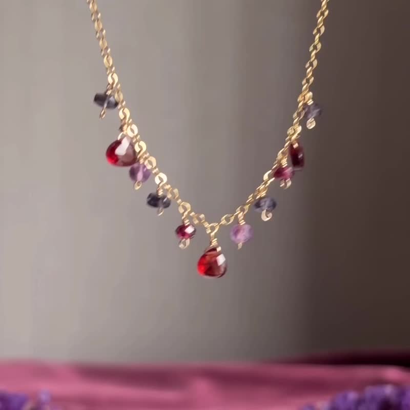 14KGF 石榴石 独一无二的项链 / 一月诞生石 - 项链 - 宝石 红色