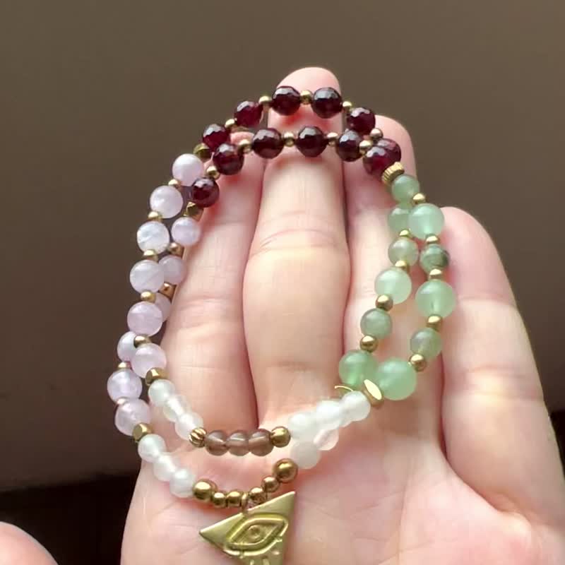 桃花人缘||灵彤|| 绕二圈水晶手珠。红石榴/紫锂辉石/绿发晶/茶晶 - 手链/手环 - 水晶 多色