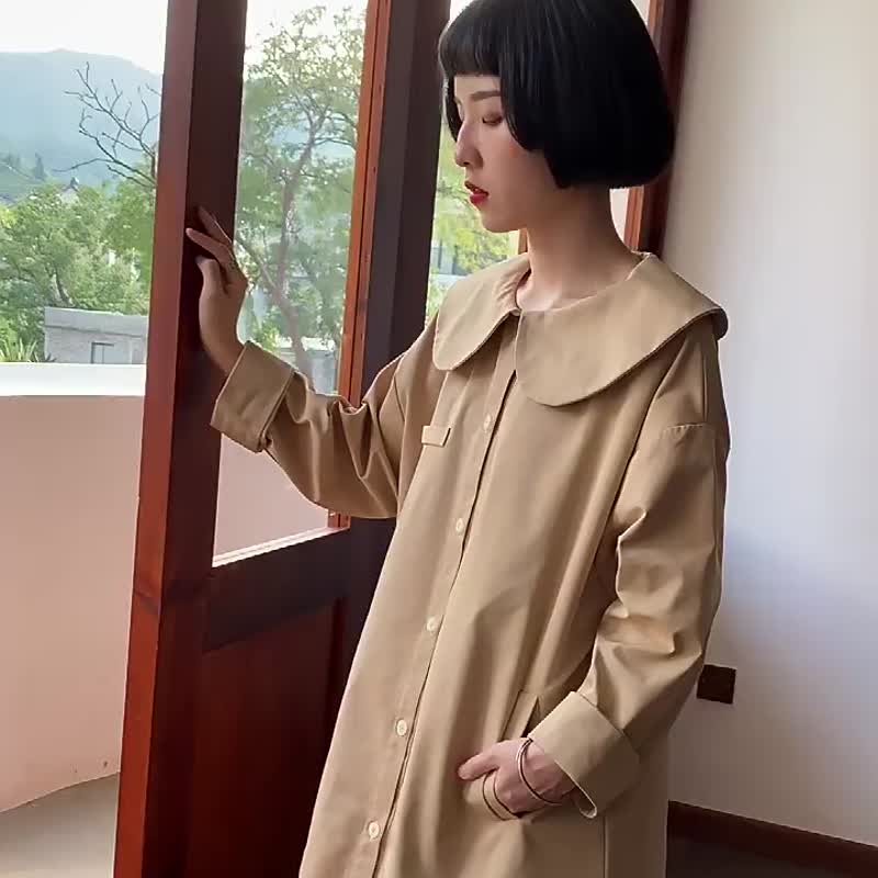 卡其駝色 娃娃大翻領寬鬆風衣式洋裝日式少女慵懶風A字襯衫連身裙 - 女装休闲/机能外套 - 棉 卡其色