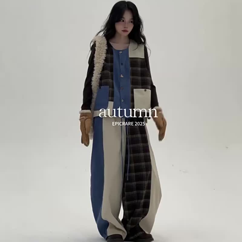 大地色系 燈芯絨格紋拼接馬甲 日系休閒寬松 中性馬夾背心 M-L - 女装背心 - 其他人造纤维 蓝色