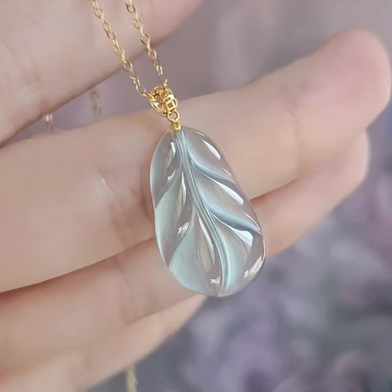 一夜暴富|纯18k金仙气高冰玻蓝刚叶子|A货翡翠蓝翡吊坠项链 - 项链 - 玉石 