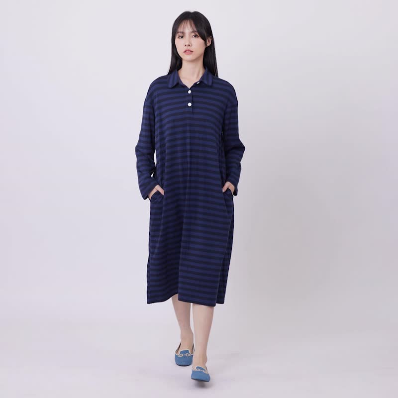 Sofie半開襟條紋長袖洋裝/藍 - 女装上衣 - 棉．麻 蓝色