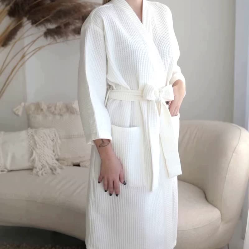 女士白色华夫格棉质睡袍 婚纱睡袍 NK10 - 居家服/睡衣 - 棉．麻 白色