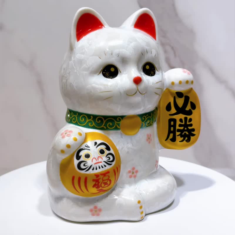【胜愿守护】日本清水烧招财猫 | 达摩 花结晶 白 必胜 - 摆饰 - 瓷 白色