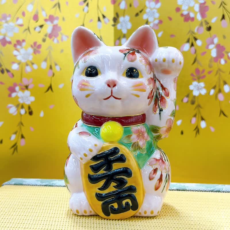 【瑞樱绽喜】日本清水烧招财猫 | 色绘 - 枝垂樱 - 摆饰 - 瓷 粉红色