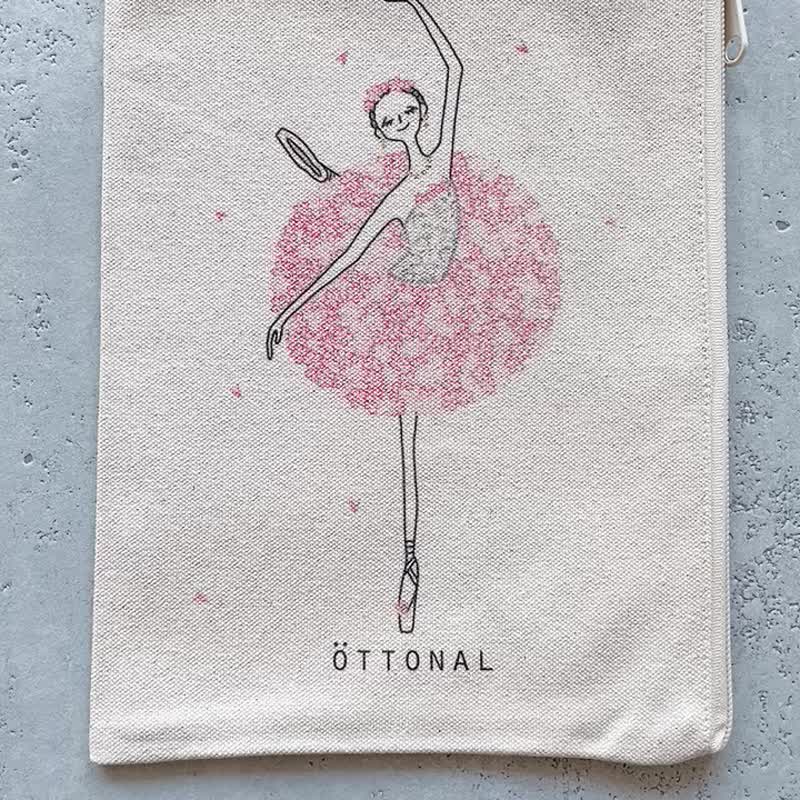 Sakura Ballerina Flat Cotton Pouch - 化妆包/杂物包 - 棉．麻 白色