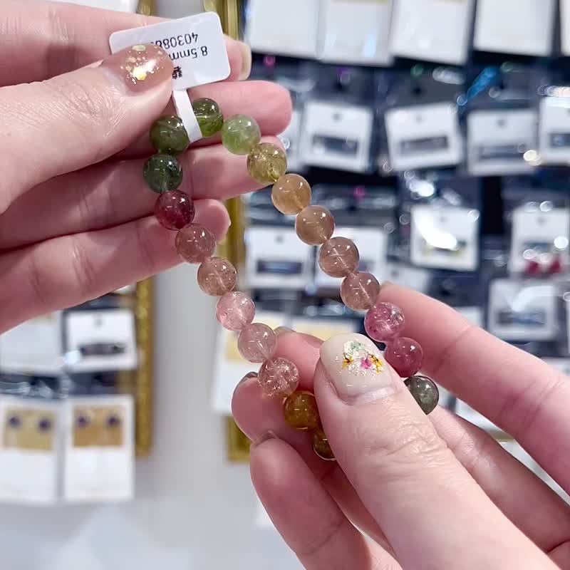 天然浓色老矿碧玺水晶手珠8.5mm22.70g西柚粉色人缘绿黄碧玺招财 - 手链/手环 - 水晶 多色