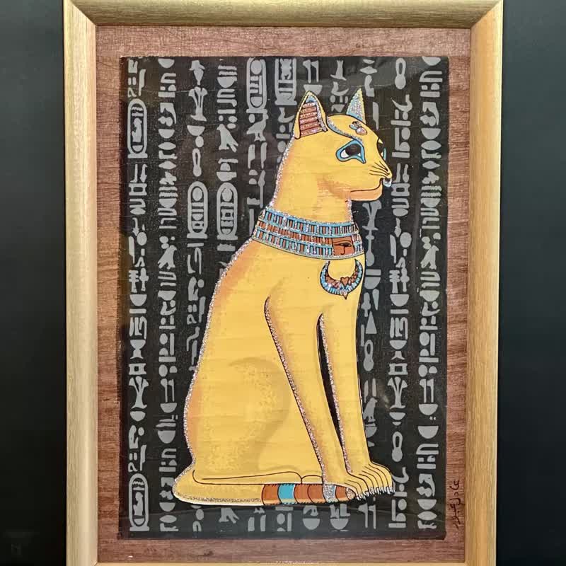 埃及纸莎草画埃及猫神金色画框黑色底 - 海报/装饰画/版画 - 纸 黑色