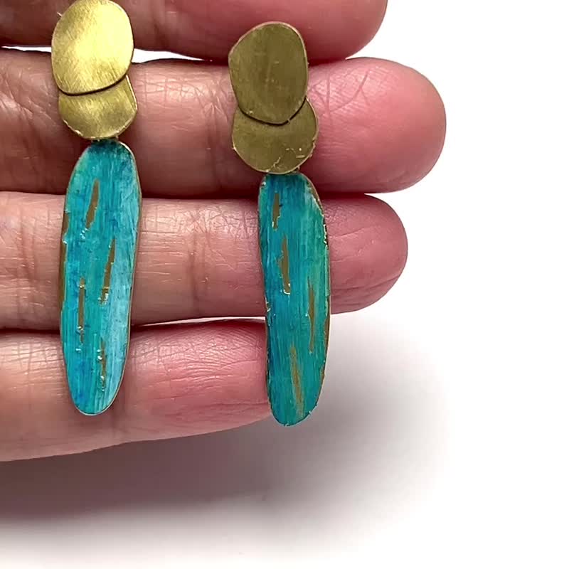 【Misty Dots 】MDBE02 蓝色绘画耳环/ 黄铜/ 手工礼物/ 定制化 - 耳环/耳夹 - 铜/黄铜 蓝色