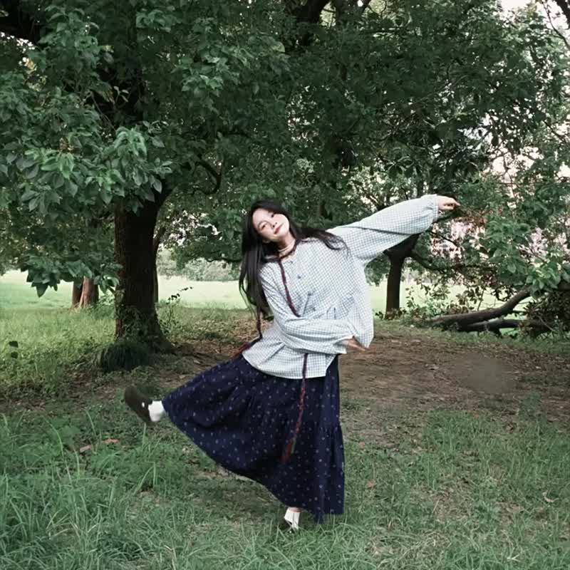 糖果色格紋 元氣甜點少女荷葉邊格子長袖襯衫 文藝休閒襯衣上衣 - 女装上衣 - 棉．麻 蓝色