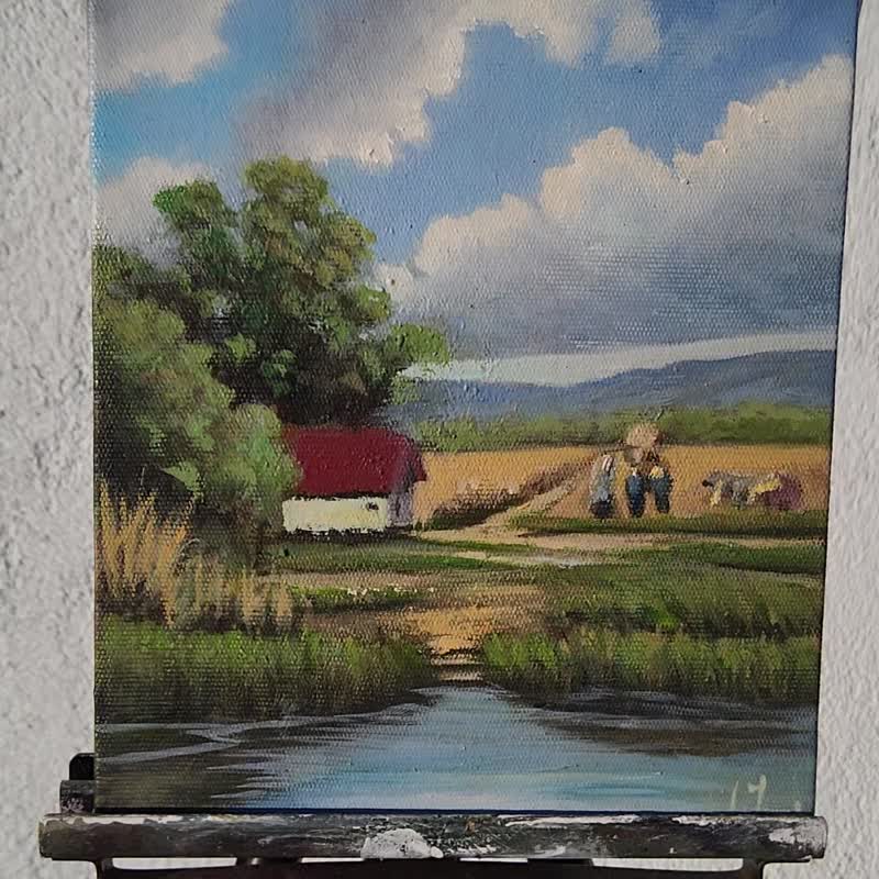 乡村绘画风景原创艺术河岸场景与房屋墙壁艺术 - 插画/绘画/写字 - 亚麻 