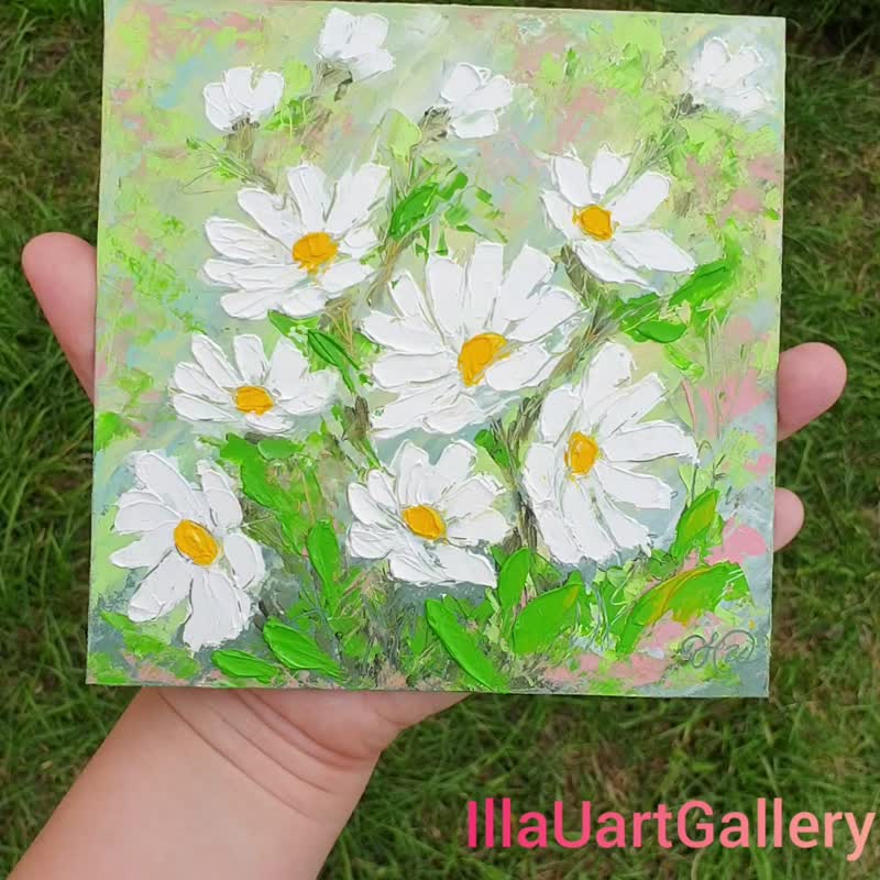 Daisy Painting Floral Original Art Flower Wall Art Small Impasto Oil Painting - 海报/装饰画/版画 - 其他材质 多色