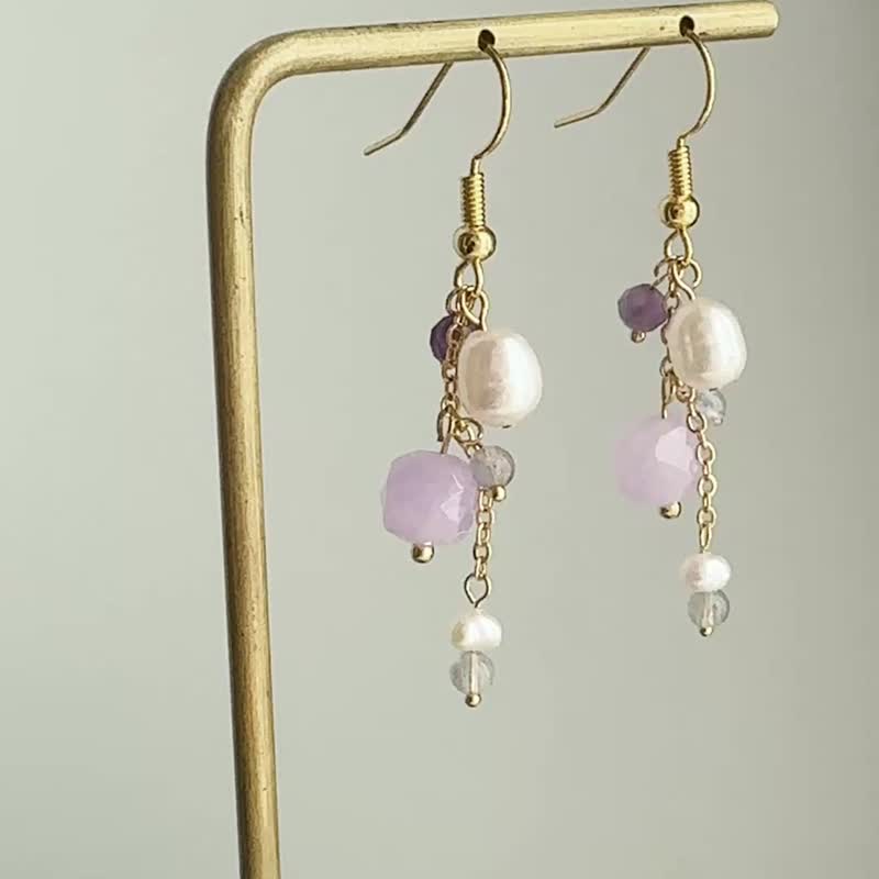 【年终回馈SALE】紫韵守护 | 紫锂辉・紫水晶・珍珠・拉长石 耳环 - 耳环/耳夹 - 其他金属 紫色