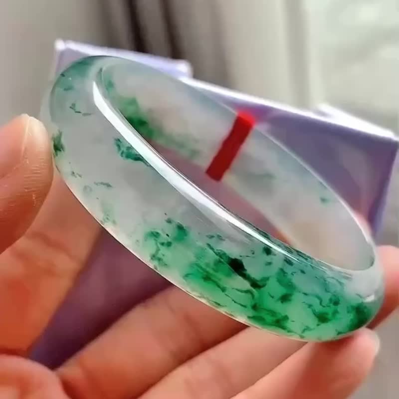 冰种 天然翡翠 缅甸 A玉 玉镯 • 高冰种飘花翡翠贵妃镯 - 手链/手环 - 玉石 绿色