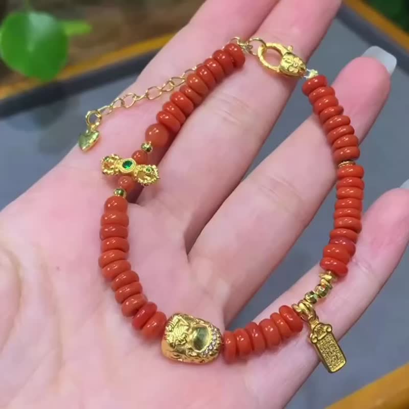 天然南红满色满肉药片手链搭配无相宝宝佛五条经文金刚杵平安喜乐 - 手链/手环 - 玉石 