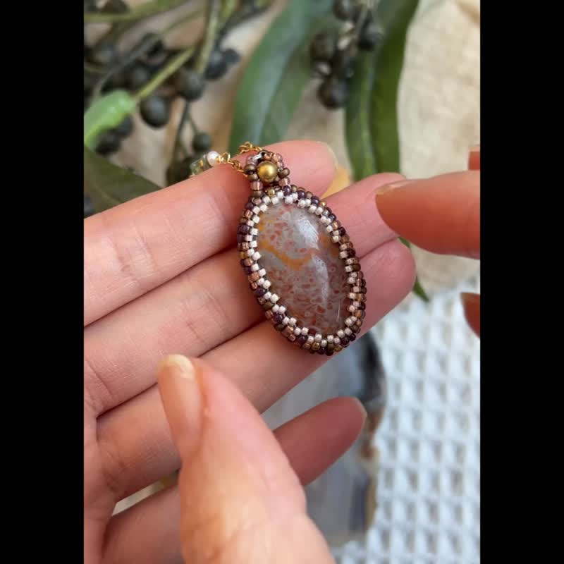 Fruit Jasper 玻璃米珠x天然石 串珠吊坠 配 宝石链 - 项链 - 水晶 咖啡色