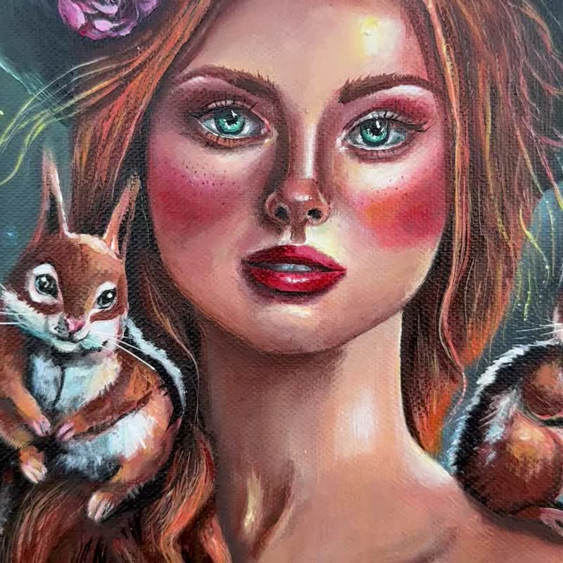 女巫画像、松鼠壁挂艺术、森林仙子艺术、花栗鼠动物画 - 墙贴/壁贴 - 棉 多色