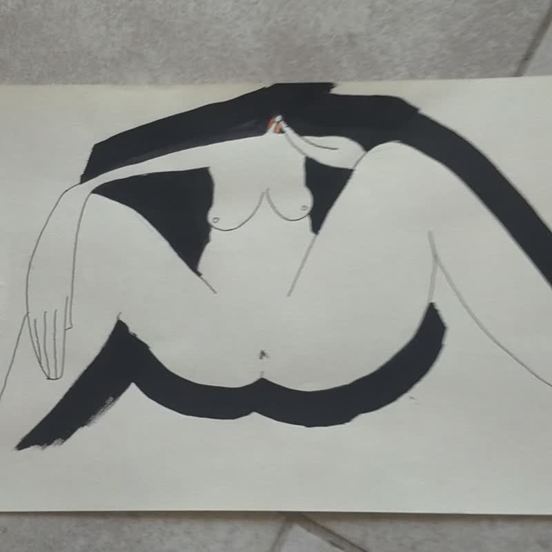裸体女人的概念性裸体绘画、立体主义绘画、原创艺术 - 墙贴/壁贴 - 纸 白色