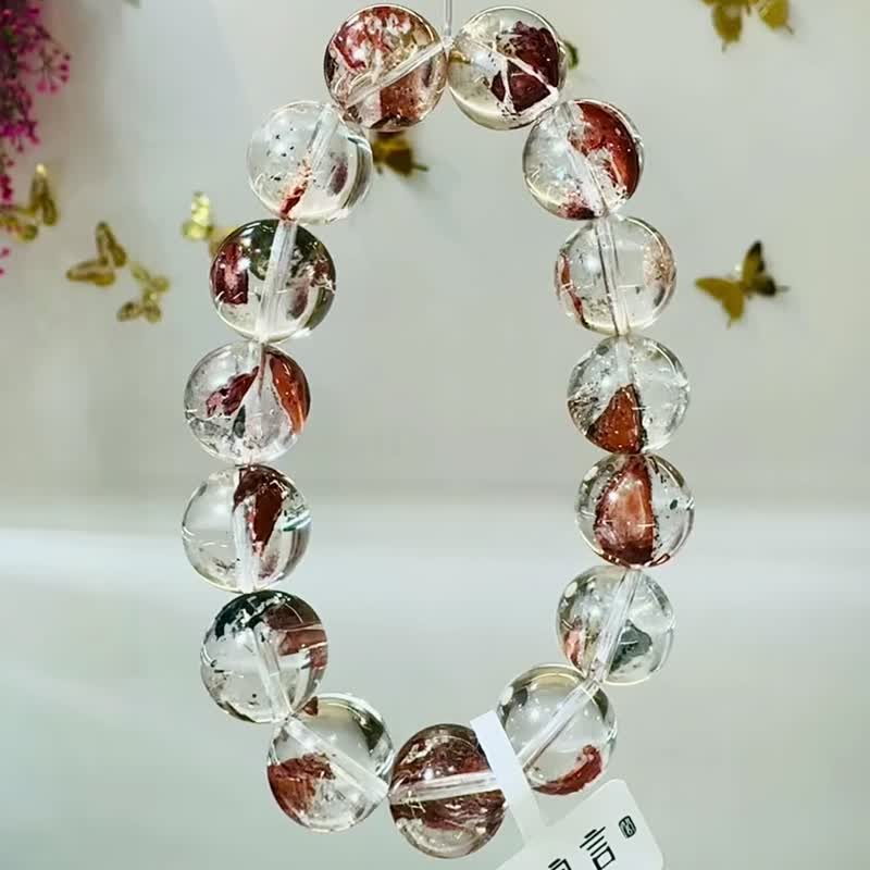 毕业级天然红泥骸骨闪灵水晶14mm58.60g好运稳定情绪净化洞察力 - 手链/手环 - 水晶 红色