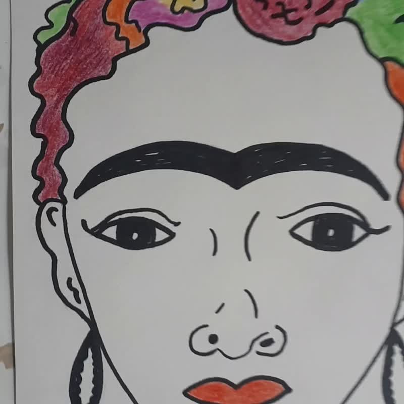 弗里达·卡罗，铅笔素描艺术，女性肖像，着名艺术家绘画 - 墙贴/壁贴 - 纸 多色