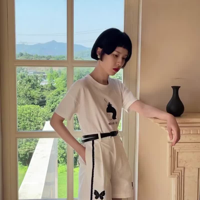 白色 日系復古少女蝴蝶印花花邊直筒高腰短褲 休閒西裝褲子 - 女装短裤 - 棉．麻 白色