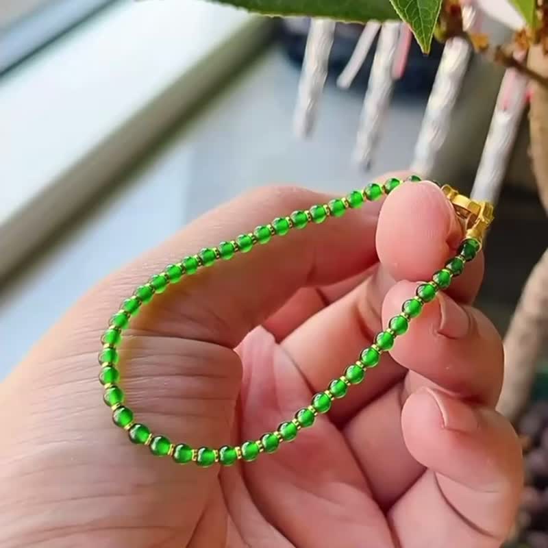 纯天然A货翡翠辣阳绿色冰种翡翠小米珠子手链串新中式可叠戴 - 手链/手环 - 玉石 