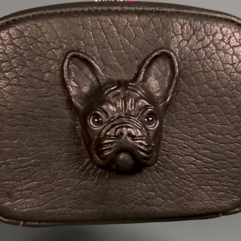 3D 法国斗牛犬 皮革单肩小包 – 独特日本手工制作 - 侧背包/斜挎包 - 真皮 黑色