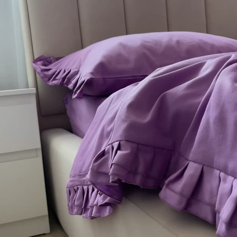 荷叶边枕头套 丁香紫，100% 纯棉缎织，信封式开口 - 寝具 - 棉．麻 紫色