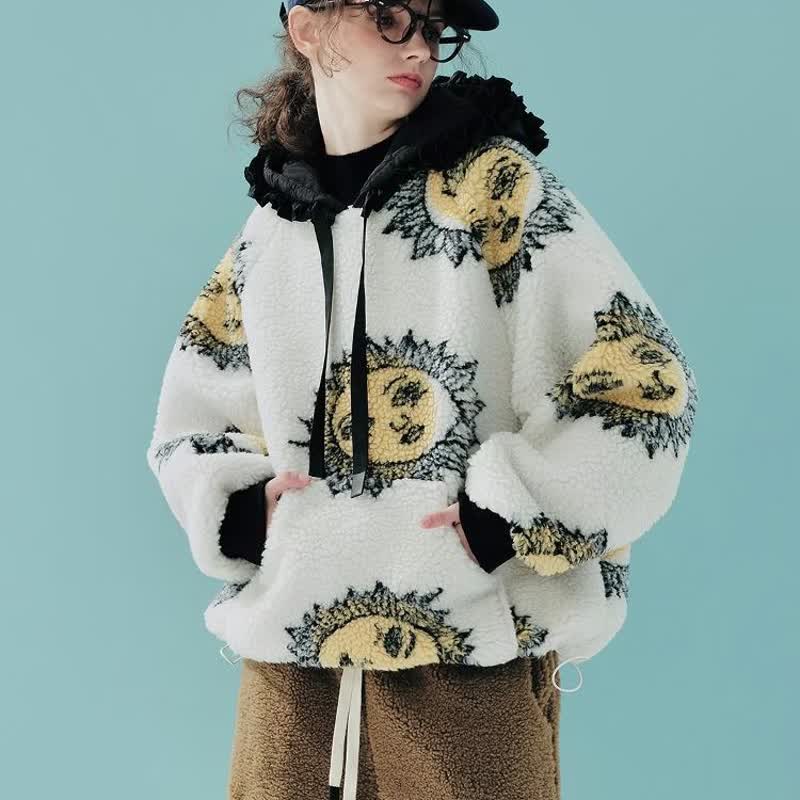 太阳娃娃羊羔绒冬季帽T / T-shrit 拼接帽 - 中性连帽卫衣/T 恤 - 其他材质 白色