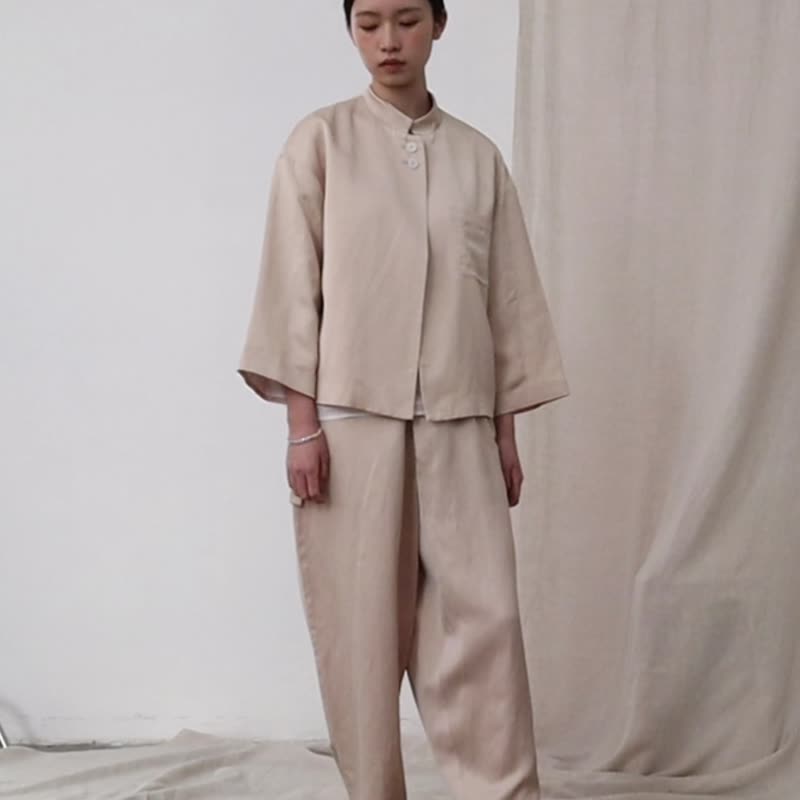 服原创2023年新款春夏粉橘色凉感宽松薄款通勤裤腰带阔腿长裤女 - 女装长裤 - 棉．麻 橘色