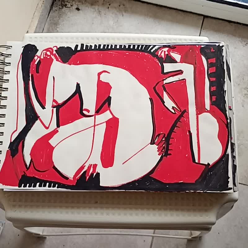 地毯上的红黑色立体主义风格女性裸体艺术品 - 海报/装饰画/版画 - 纸 红色