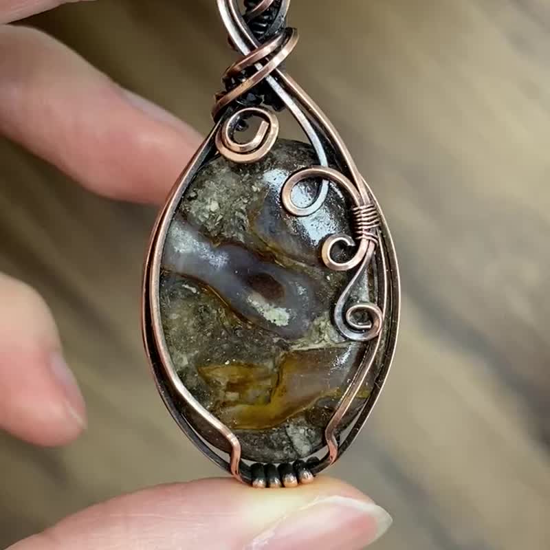 WW73 全手工编织 绕铜线 复古做旧 wire wrap 玛瑙吊咀 - 项链 - 铜/黄铜 咖啡色
