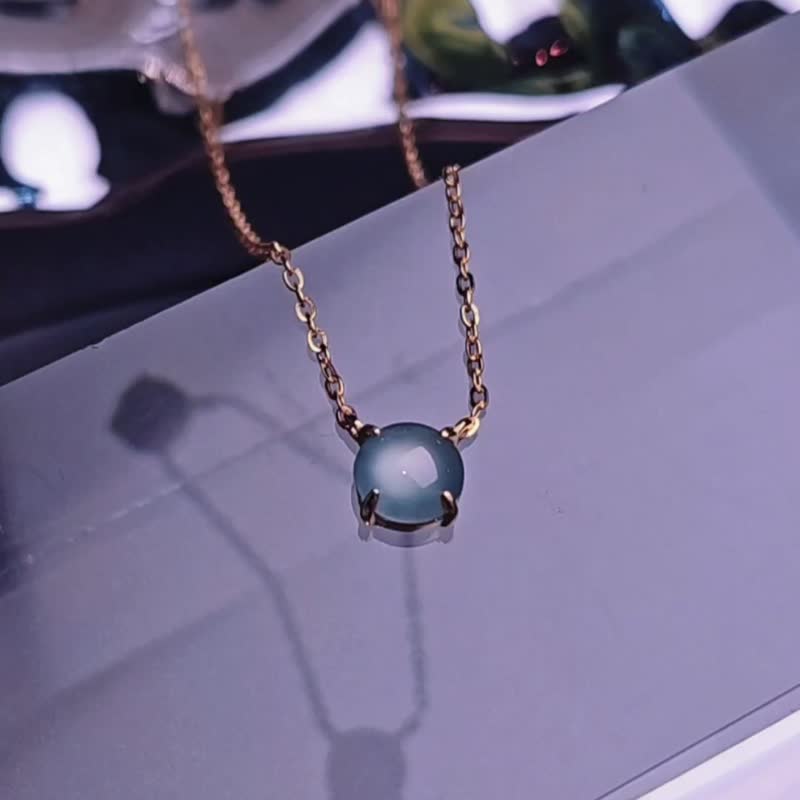 财水|仙气简约蓝刚|A货翡翠高冰玻蓝刚蛋面s925纯银项链 - 项链 - 玉石 